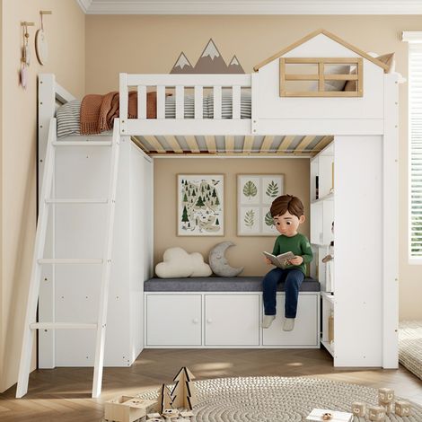 Lit mezzanine enfant 90 x 200 cm en bois, design maison, échelle, armoire, étagère et banc coffre, blanc et naturel (1/5)