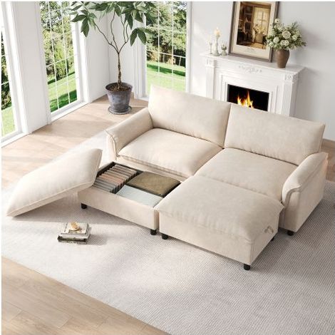Canapé Modulable 216x77x82cm Chenille Beige Avec Coffre - Canapé Composable - 4 Places 2 Poufs Fonction Lit Doux Montage Facile (1/5)