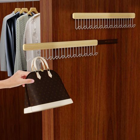 Tringle À Vêtements Extensible pour Placard Porte Cintre Coulissant avec 12 Crochet Poteaux de Penderie en Bois pour Suspendre des sous-Vêtements,Chapeaux,Soutiens-Gorge,Sacs,Cravates (1/4)