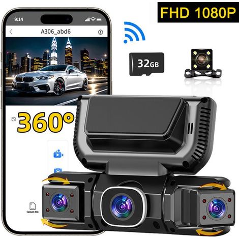 Dashcam Voiture Avant Arrière 4 Canaux 360 ° 1080P FHD Vision Nocturne Infrarouge 32Go,Ligne radar OBD, garde de stationnement