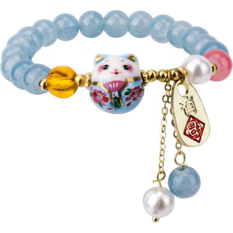 Bracelet Porte-Bonheur Chat Maneki Neko pour Femme, Bracelet Chat Porte Bonheur avec Cristal Bleu Bijou Feng Shui pour la Richesse et la Protection (1/5)