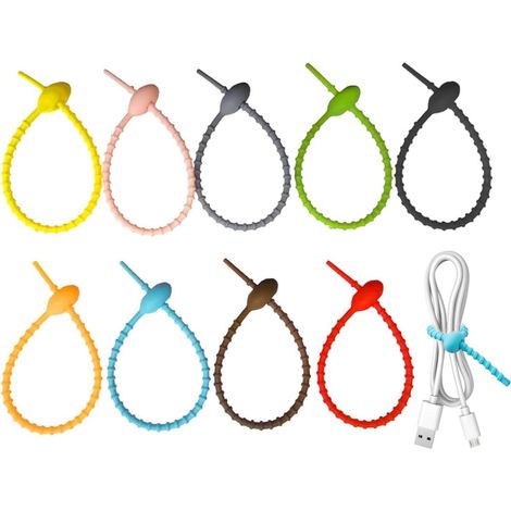 27 Pièces Attaches Câble Silicone Réutilisables Serre Cable, Attache Câble Colorées, 21 cm Organisateur Cables pour USB Cable Management, Range Bureau, Gestion Câbles PC (9 Couleurs) (1/5)
