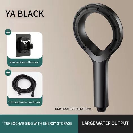 Pommeau de douche à anneau de surpression (noir, comprend un tuyau d'eau de 1,5 m et un support).