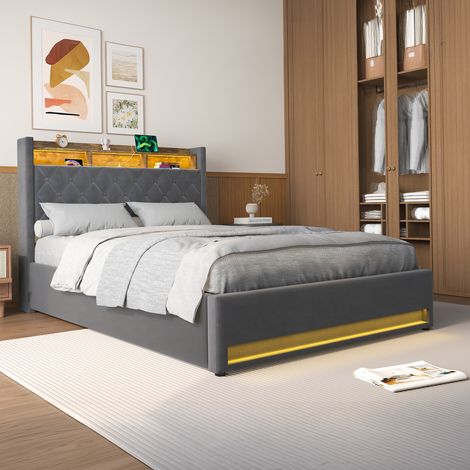 Lit 140x190 cm Rembourré Multifonction avec USB et LED, Structure à Lattes Large, Rangement Sous Lit, Velours Gris - Design Moderne (1/5)