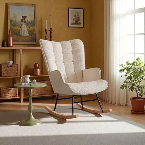 Sillón mecedora - Tela de lana de oveja Teddy - Respaldo alto - Brazos anchos - Beige