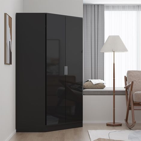 Reflect 2 Door Corner Wardrobe - Black Gloss & Black Oak - 2 Hanging Rails & 8 Shelves - Modern Design
