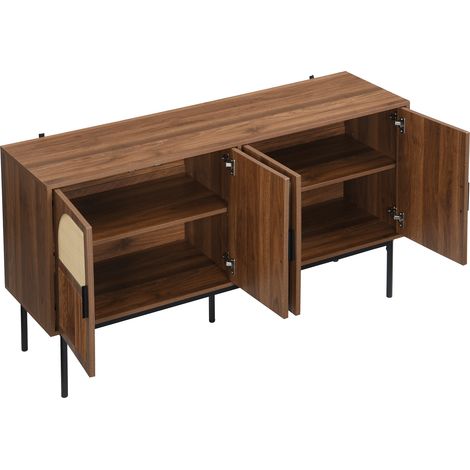 Sideboard moderno a 4 ante in MDF effetto legno noce e rattan naturale 140 x 40 x 80 cm (1/5)