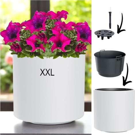 Pot de fleurs rond moderne avec insert et syst¨¨me d'irrigation, r¨sistant au gel et aux UV, en plastique, pour int¨rieur et ext¨rieur, blanc, XXL (1/5)