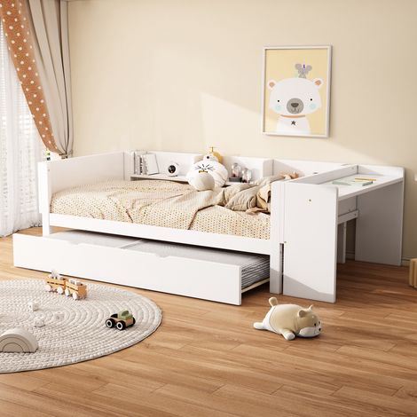 Letto a scomparsa 90x200 cm, con scrivania, 3 mensole, sommier a doghe in legno, divano letto estensibile, per bambini e adolescenti - Bianco
