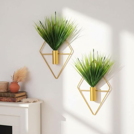 Lot de 2 pots de fleurs à suspendre en forme de diamant avec plantes aquatiques artificielles en métal - Décoration murale géométrique moderne pour maison, salon, bureau (doré, plante aquatique) (1/5)