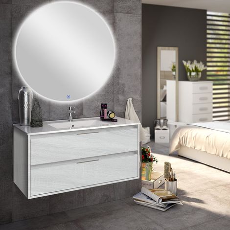 Meuble de salle de bain simple vasque - 2 tiroirs - hibernian (bois blanchi) - IRIS et miroir rond Led SOLEN - 80cm (1/4)