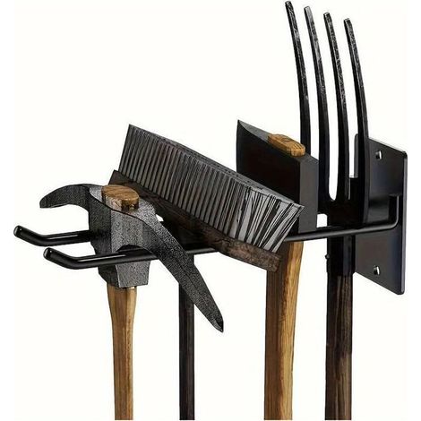 Support mural robuste pour outils de garage et jardin : pelles, râteaux, balais, crochets de rangement en fer.