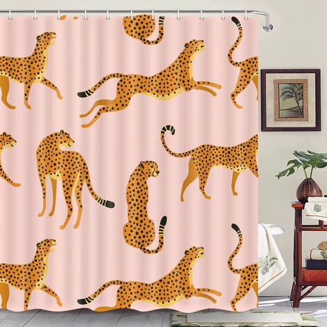 Rideau de douche bohème à motif guépard, rideau de bain léopard tropical, rideau de salle de bain rose moderne à fleurs bleues et phases de lune, 200 x 180 cm - 78 x 70 pouces