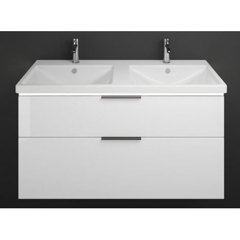 Burgbad Eqio Keramik-Doppelwaschtisch mit Unterschrank 123 cm, mit Mittelsteg, LED-Beleuchtung und 2 Weiß Hochglanz/Alpinweiss Schwarz matt (1/3)