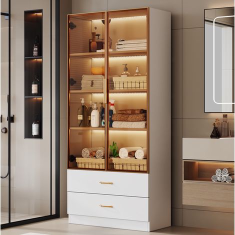 Mobile bagno 75 cm bianco in MDF con luce, 2 cassetti, 2 ante e vano aperto (1/5)