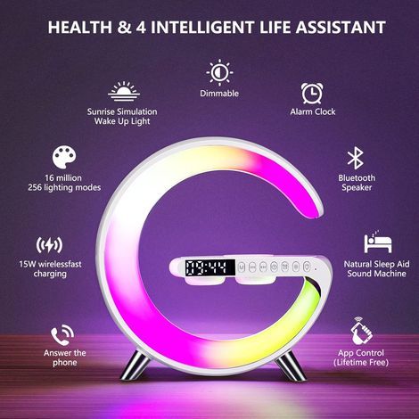 TAISHENGDA- 2023 Nouvelle Lampe de Table Intelligente, Lampe D'ambiance Avec Chargeur Sans Fil, Haut-parleur Bluetooth, Veilleuse à Intensité Variable Avec Synchronisation de la Musique, Blanc (1/5)