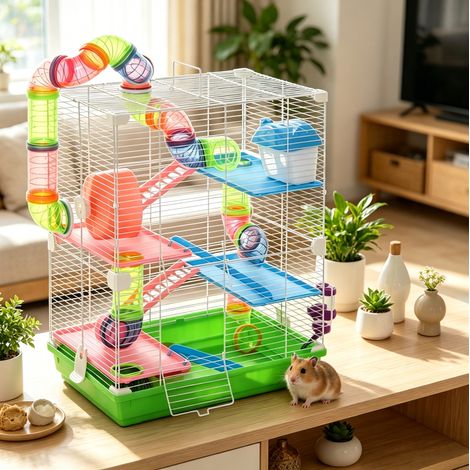 Hamsterkäfig mit 4 Ebenen, Tunneln, Laufrad und Häuschen, 46 x 30 x 58 cm, grün HAVRYA (1/5)