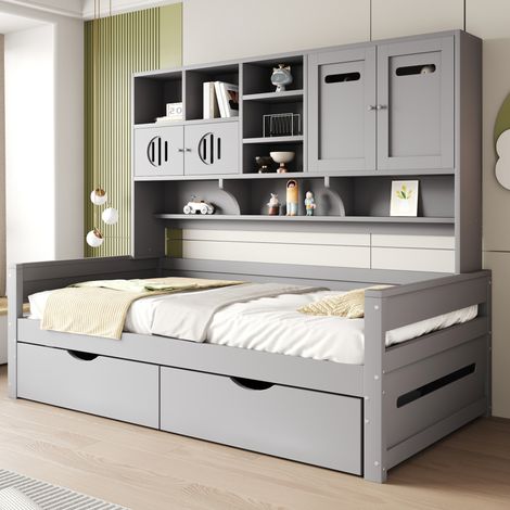 REDOM cama individual 205x94.5x165.8 cm, con almacenaje multifuncional y 2 cajones, madera de pino gris (1/5)