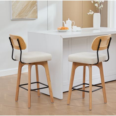 Set di 2 sgabelli da bar girevoli a 360° con schienale in rattan e seduta beige in ciniglia (1/5)