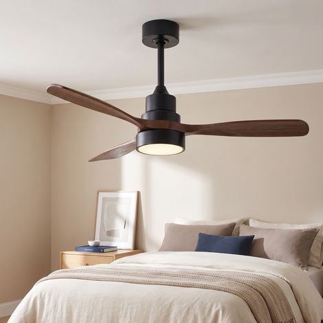 Ventilatore da soffitto con luce 122cm Telecomando e Motore DC reversibile Metallo e Legno Massello Moderno Nero (1/5)