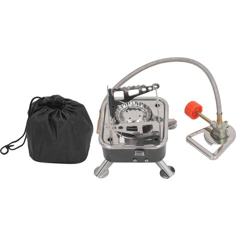 Mini réchaud de camping pliable avec support stable, coupe-vent, haute efficacité, portable, à gaz, pour la randonnée en plein air, carré noir avec boucle de serrage. (1/5)