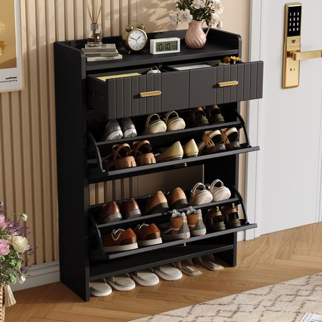 Mobile portascarpe 75 x 24 x 108,5 cm nero con 2 ribalte e 2 cassetti MEUBLIV (1/5)