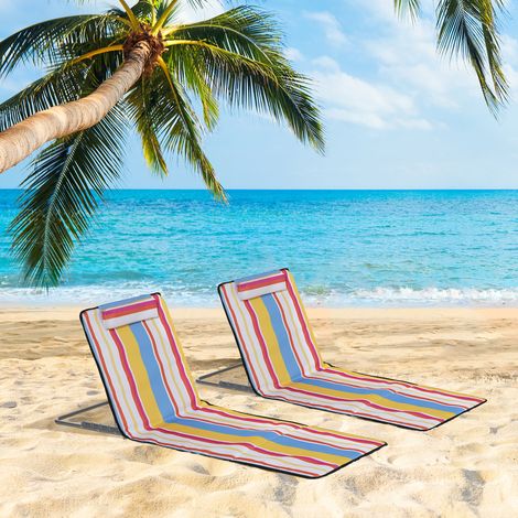 Set di 2 teli da spiaggia pieghevoli Outsunny 124x53x45 cm con schienale e poggiatesta regolabili, teli da spiaggia portatili in tessuto Oxford con telaio in acciaio e borsa per il trasporto per balco