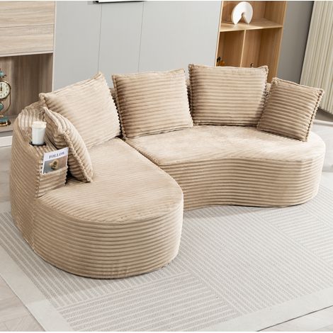 Canapé in velluto a coste kaki 250x152x82 cm, design curvo con portabicchieri e tasche laterali (1/5)
