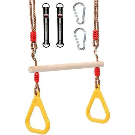 Balançoire trapèze Multifonction en Bois pour Enfants avec Anneaux en Plastique - Charge maximale : 200 kg - pour l'intérieur et l'extér (Jaune) (1/4)