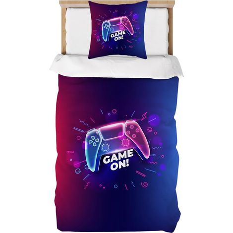 Housse de Couette 140x200cm, Parure de Lit 1 Personne avec Fermeture Éclai avec Taie d'oreiller 65x65cm, Gamer Gamepad Rouge Bleu, Adolescents Kids Bedding Set, Housse de Couette en Microfibre (1/5)