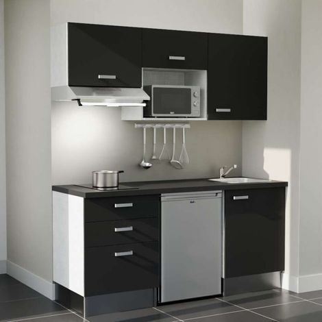 Kitchenette 180 cm K20 Noir - Plan de travail Noir texturé - Crédence : Non - avec plaque, hotte, micro-ondes et frigo Inox (1/5)