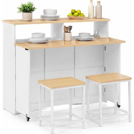 Îlot de cuisine sur roulettes avec plateau rabattable 110x34-68x97,5 cm, buffet de rangement avec 2 tabourets, étagères réglables, blanc  CHICFURN (1/5)