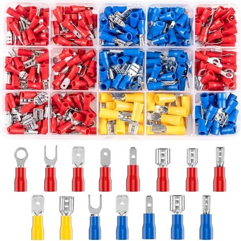 280 pièces cosses électriques à sertir – 15 types pour fils 0,5 à 6,0 mm² – Laiton étamé avec isolateurs PVC – Connexions rapides auto et moto (1/5)