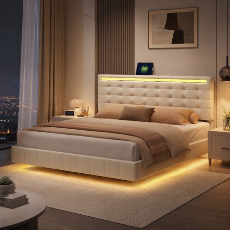 Lit capitonné 160×200 cm, lumière LED et port USB, lit double, tête de lit réglable, cadre de lit 160×200, design flottant, style moderne, sommier à lattes, lit adulte, Lin, Beige (1/5)