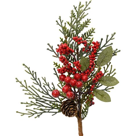 RAMO DI PINO CON GLITTER E BACCHE ROSSE H6CM DECORAZIONI NATALIZIE ADDOBBI