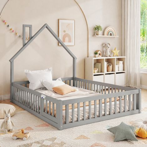 Letto per bambini 140x190 con barriere, rete a doghe, forma casetta, grigio HAVRYA