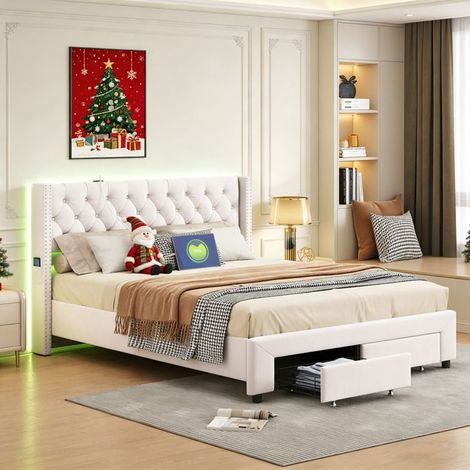 Lit double 140x190 - POCKETPOP - USB et LED - 2 tiroirs - Velours blanc cassé - Décoration de rivets