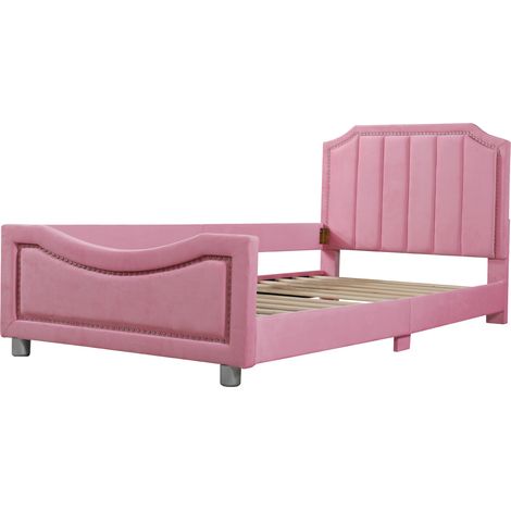 Cama infantil tapizada 90 x 200 cm de franela, MDF y metal, rosa HOMVRA (1/5)