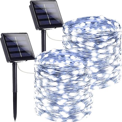 Juego de 2 guirnaldas de luces solares, 200 LED, cable de cobre, resistente al agua IP65, 8 modos, para jardín, patio, boda (1/5)