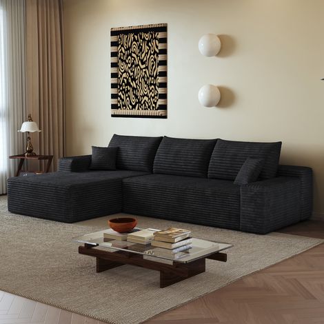 Sofá rinconero 270x175x83 cm negro, modular, chaise longue en L, tejido, sin montaje MEUBLIV (1/5)