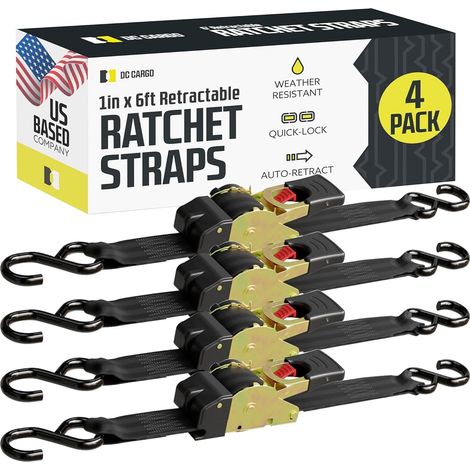 Lot de 4 Sangles à cliquet rétractables et Robustes Sangle à cliquet Auto-contenue Noir pour remorques, véhicules, Bateau (1/5)