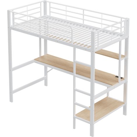 Hochbett 90x200 cm aus Metall und MDF, weiß, mit Schreibtisch, LED, USB und Steckdose (1/5)