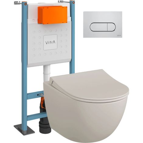 Pack WC suspendu VitrA Sento lin mat + bâti autoportant V-Fix Core + Plaque Round chromé (1/4)