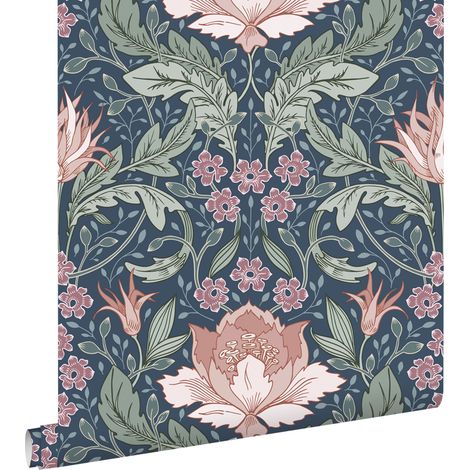 papier peint fleurs vintage de style art nouveau bleu, vert et rose terracotta - ESTAhome (1/5)