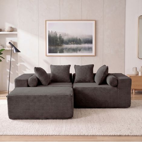 Sofá modular esquinero con chaise longue, 3 módulos, sin herramientas, ideal para piso pequeño, color negro, acolchado de espuma y muelles  CHICFURN (1/5)