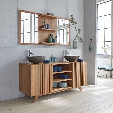 Berah Getah – Meuble sous vasque simple en teck brut 160 cm – 2 portes et 3 niches de rangement – Traitement anti-humidité pour salle de bain (1/4)