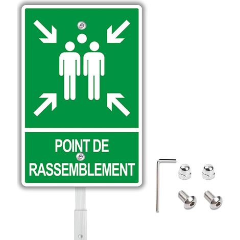 Panneau Point de Rassemblement avec Piquet Extérieur et Intérieur 20x30cm Panneau de Sécurité en Aluminium Imperméable et Pré percé pour une installation facile