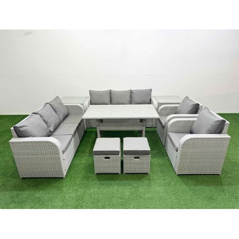 Fimous PE Rattan High Back Lounge Sofa Set Patio Rectangular Dining Table & Chairs Set with 3 Seater Sofa Reclining Chair Stools 2 Side Table Light Grey (1/4)