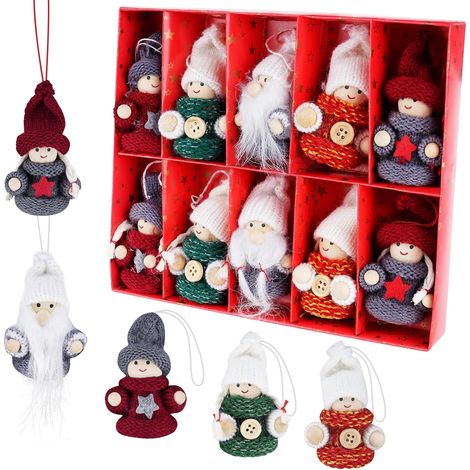 Lot de 10 lutins miniatures tricotés + bois, pendentifs sapin Noël faits main, style gnome traditionnel