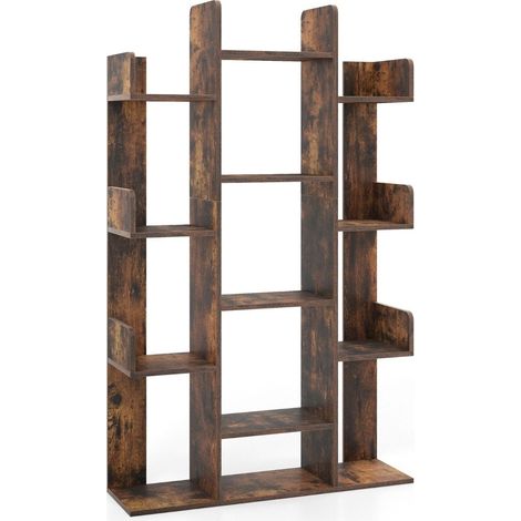 Baumformiges bucherregal mit 13 offenen fachern ablageregal holzregal 86 x 245 x 141 cm braun